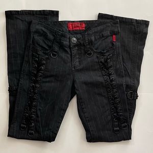 💀TRIPP💀 Black Pinstripe Pants w/ Lace, Velvet, Rhinestones, Corset Laces, Goth
